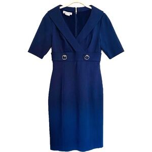 KAY UNGER New York Navy Blue Marine Style Wrap Collar Pencil Dress Size 4